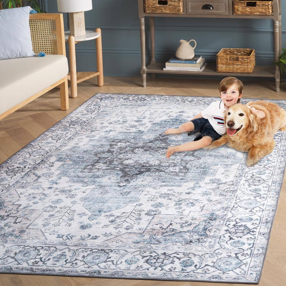 Ivory and Blue 6' x 6' Square Washable Area Rug
