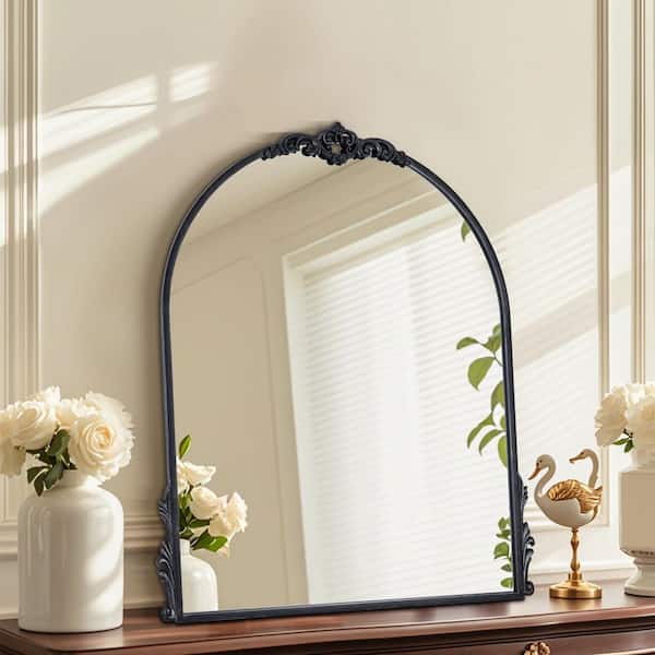 24 in. W x 32 in. H Intricately Carved Vintage Black Arched Framed Wall Bathroom Vanity Mirror
