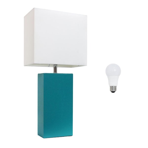 Elegant Designs 21 in. Teal Modern Leather Wrapped Table Lamp, with LED Bulb Included