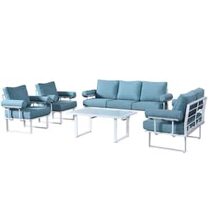 Havasu White 5-Piece Aluminum Outdoor Patio Conversation Sofa Set with Lake Blue Cushions