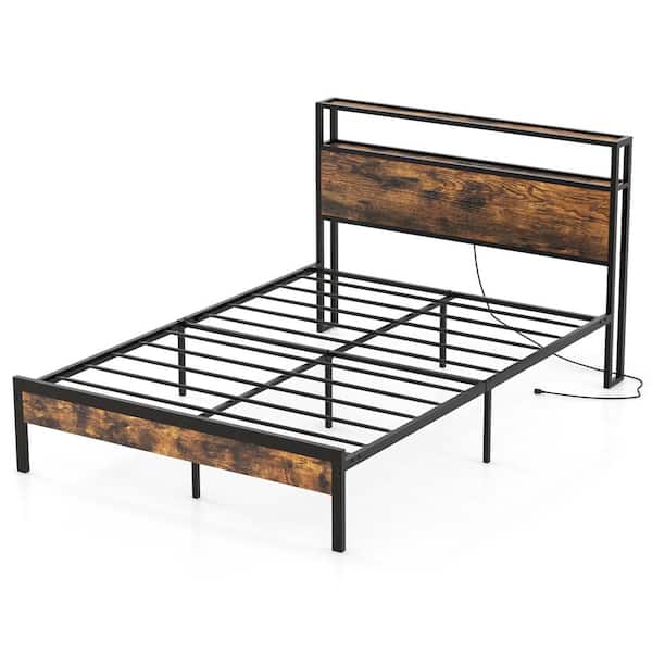 Rustic Brown Metal Bed Frame Full Platform Bed with Storage Headboard Charging Station 18-Watt USB C Port