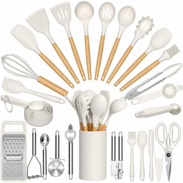 Cream White Silicone Kitchen Utensil Set, 34-Piece Heat Resistant Kitchen Gadgets and Tools With Grater, Wood Handles