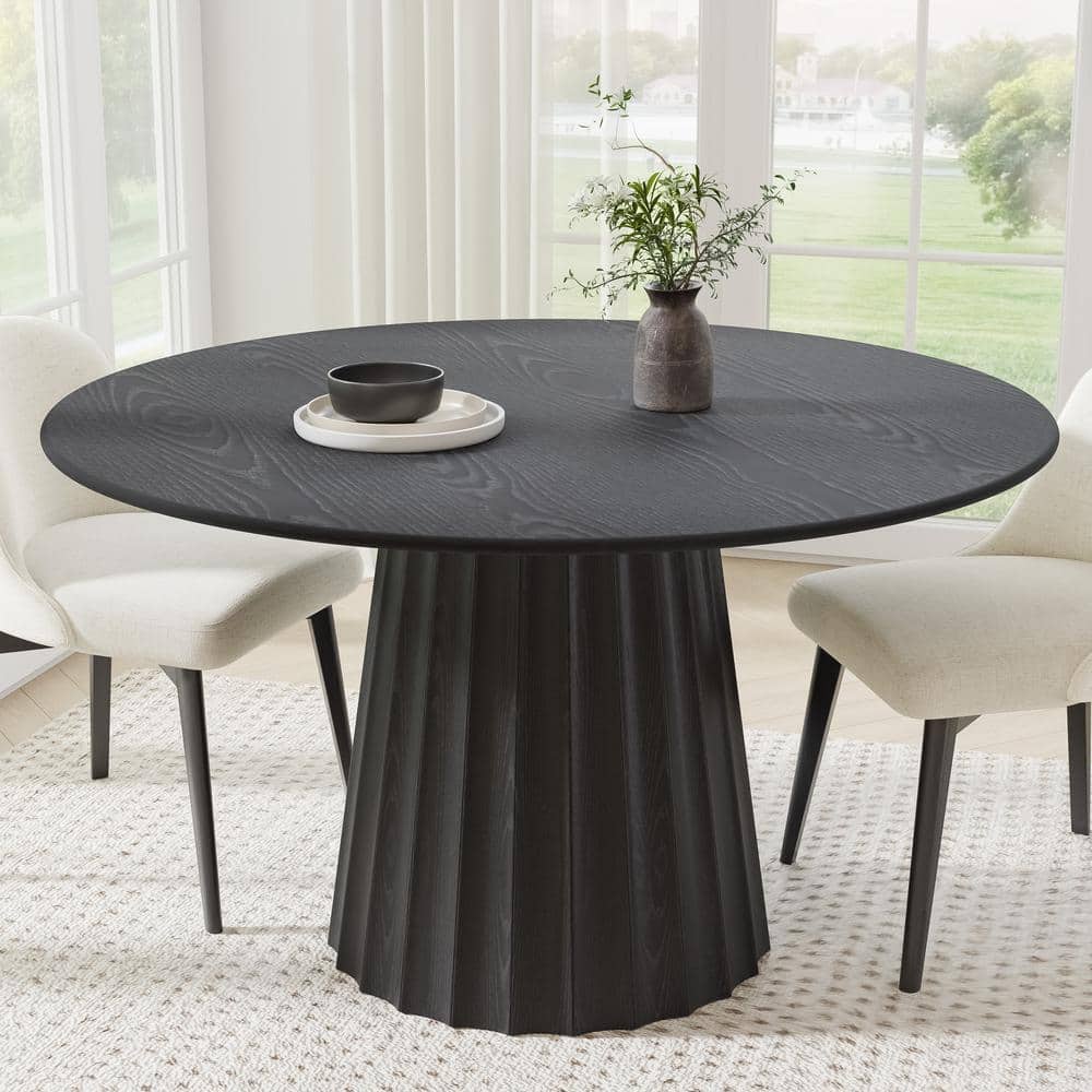 Dovelina 52 in. Solid Wood Pedestal Black Dining Table Round Kitchen ...