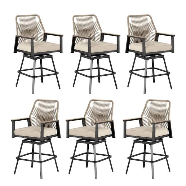 Swivel Metal Patio Woven Rope Outdoor Bar Stools, Bar Height Chairs with Armrests and Beige Cushions (6-Pack)