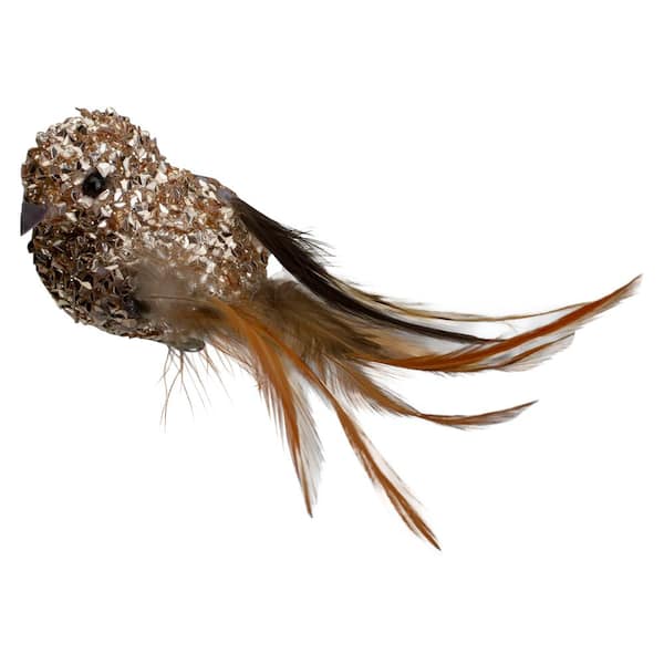 5.5 in. Left-Facing Champagne Gold Beaded Clip On Bird Christmas Ornament