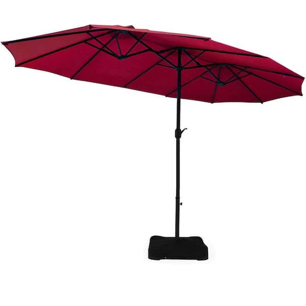 WELLFOR 15 ft. Steel Market Patio Umbrella with Crank and Stand in Burgundy