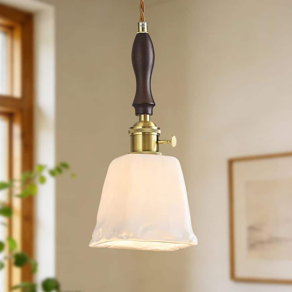 HomeLighting 4.33 in. 1-Light MilkyWhite Glass Vintage Handmade Pendant Light Brass Hanging Light Fixture for Bedroom price history on PriceWatchPro