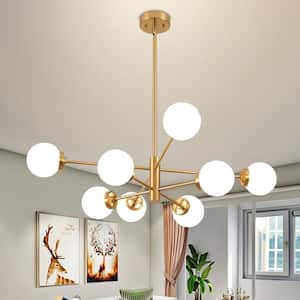 8-Light Vintage Gold Linear Sputnik Chandelier, Mid Century Ceiling Lights with Milk Glass Shade, Bulb Not Included