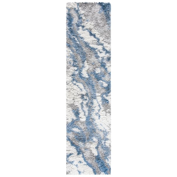 Horizon Shag 2 ft. x 19 ft. Gray/Blue Abstract Marble Runner Rug