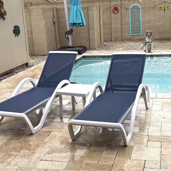 3-Pieces Patio Chaise Lounge Chair Set Outdoor Plastic Chairs for Outside Beach in-Pool Lawn Poolside, Navy Blue