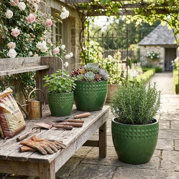 YOUFUNIQUE Antique Green Ceramic Round Planter Set (3-Pack) with Built-in  Drainage Hole for Patio, Garden D-1483-FP