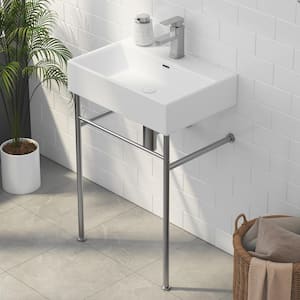 Turner 24 in. Vitreous China White Console Sink Basin and Brushed Nickel Stainless Steel Legs Combo with Overflow Hole