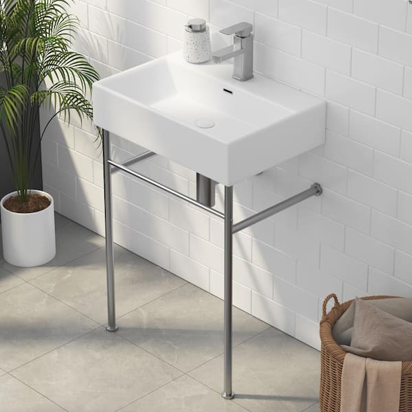 Eridanus Turner 24 in. Vitreous China White Console Sink Basin and Brushed Nickel Stainless Steel Legs Combo with Overflow Hole