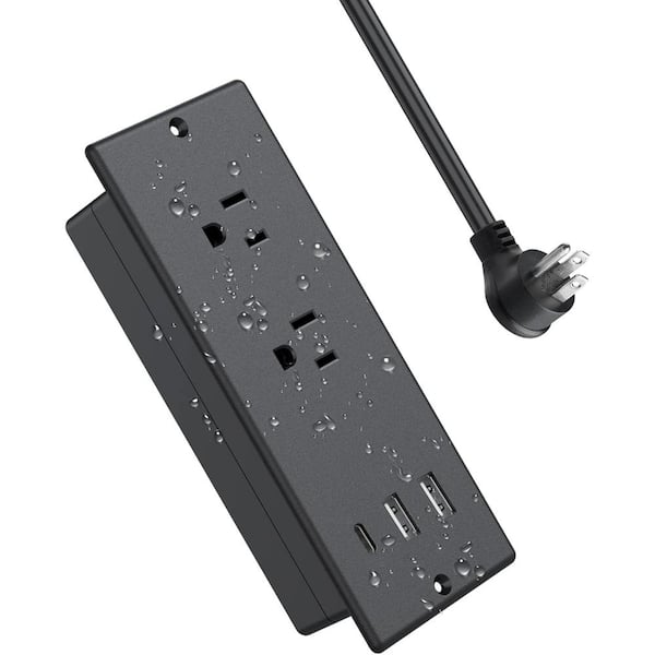 Lukyamzn 6 ft. Recessed Power Strip Waterproof with 2-Outlets, PD 20-Watt 1 USB-C Fast Charging and 2 USB-A Ports in Black