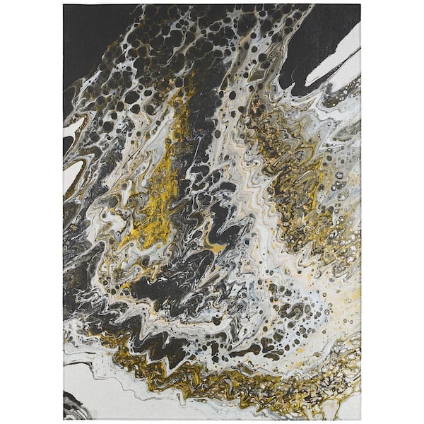 5'X7' Ivory Gold Machine Woven Uv Treated Abstract Waves Indoor Outdoor Area Rug