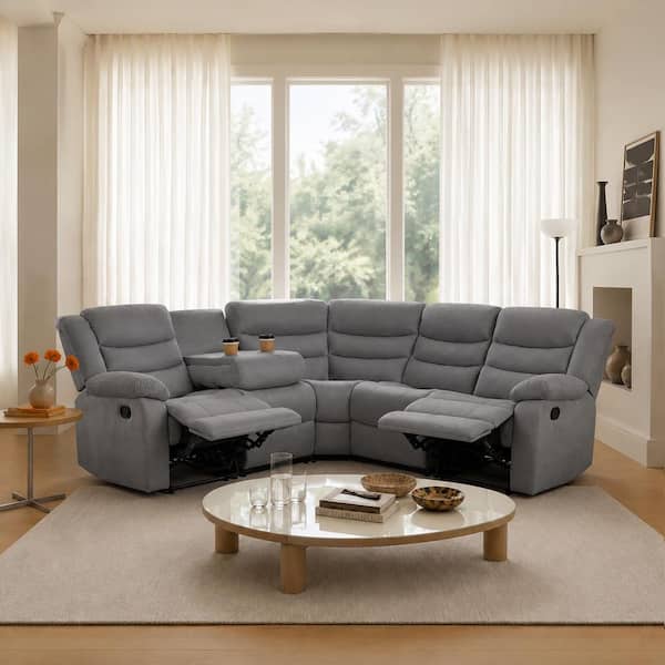Luna 82 in. 5-Seater Fabric Manual Recliner Sectional Sofa with Drop-Down Table and Cup Holders in Gray