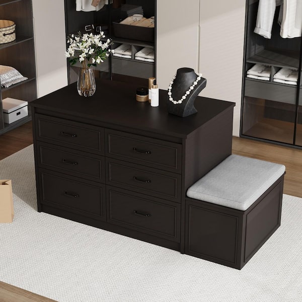 Dark Brown Finished Wood Jewelry Armoire, Dresser, Chest of Drawers 61.9 in. W with 12-Drawer and 1 Storage Stool w/ Pad
