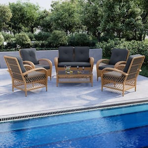 6-Piece Wicker Patio Conversation Set Outdoor Chair Set with Loveseat and Coffee Table, Gray Cushions