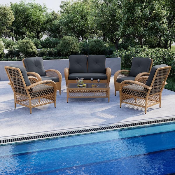 UPHA 6-Piece Wicker Patio Conversation Set Outdoor Chair Set with Loveseat and Coffee Table, Gray Cushions
