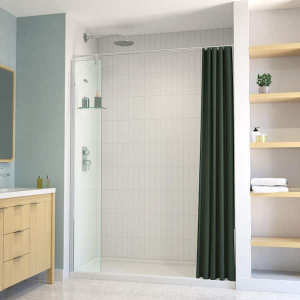 Poseidon 12.75 in. W x 70 in. H Fixed Frameless Shower Panel in Chrome with Clear Glass, Curtain Rod and Shelf