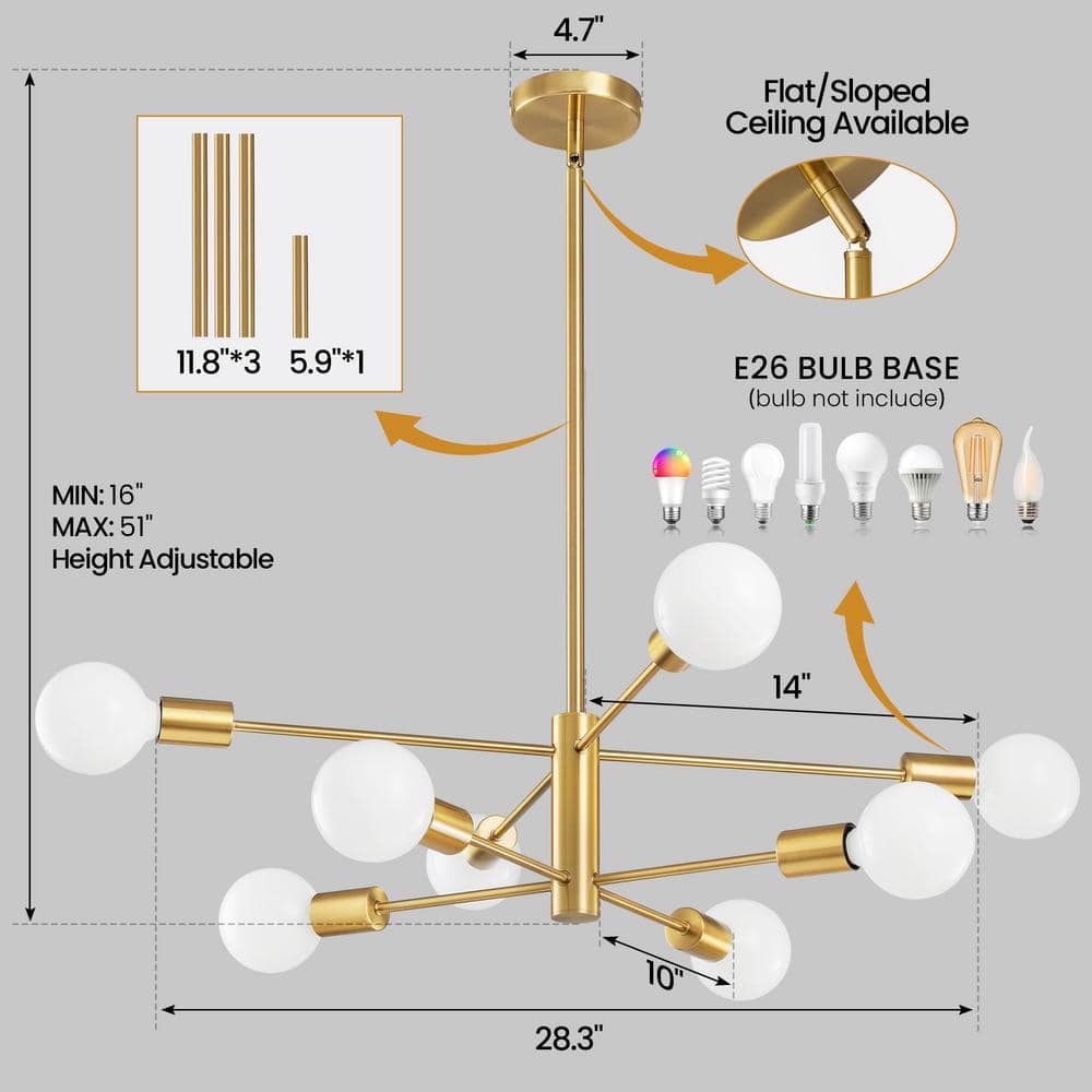 Gold 8-Light Sputnik Chandelier with Adjustable Rods