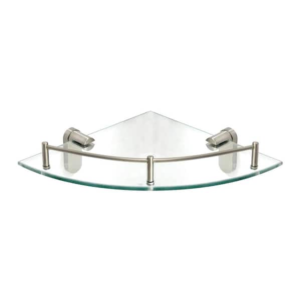 MODONA Oval 10.5 in. x 10.5 in. Glass Corner Shelf with Pre-Installed Rail in Satin Nickel