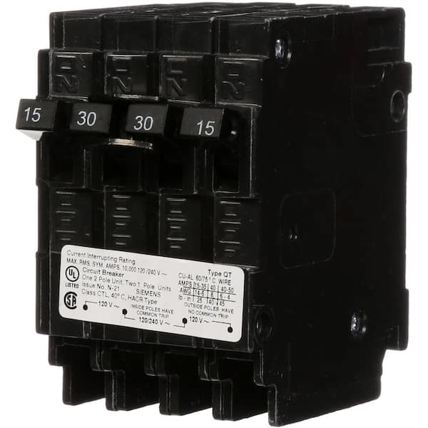 Siemens Triplex 2-Outer 15 Amp Single-Pole and 1-Inner 30 Amp Double-Pole Circuit Breaker
