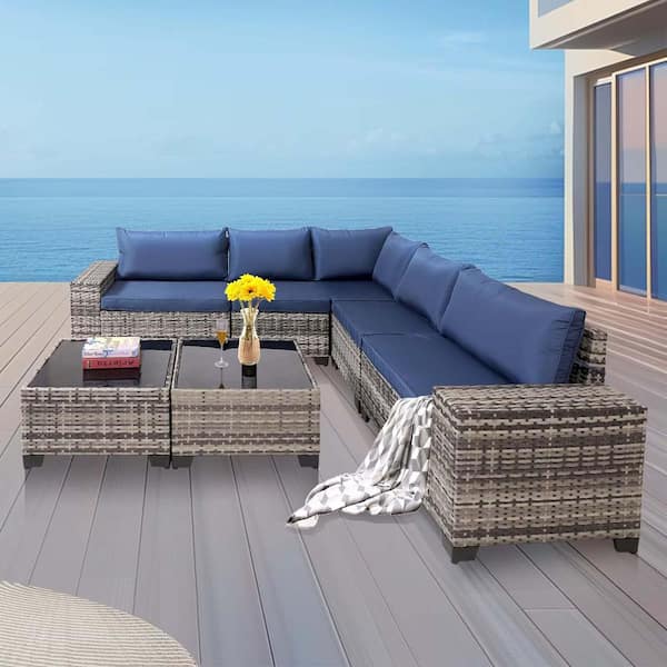 Grey 7-Piece Wicker Outdoor Patio Sectional Set with Blue Cushions