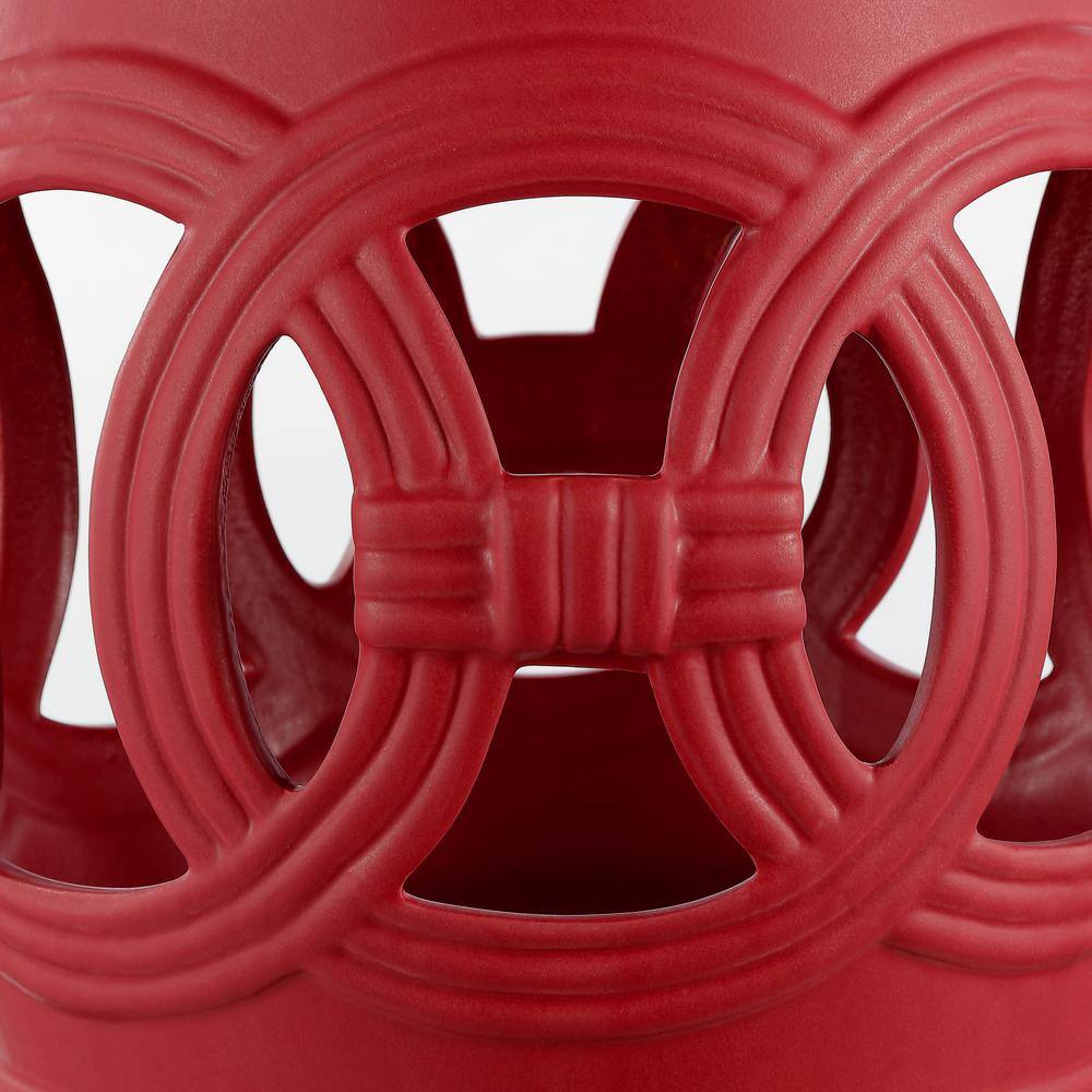 Matte Red 16" Ceramic Drum Garden Stool with Lucky Coin Symbols
