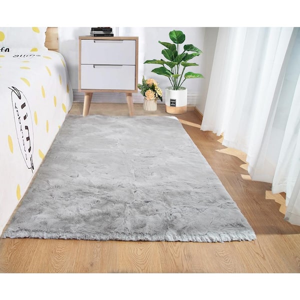 Mmlior Light Gray 3 ft. x 5 ft. Soft Faux Rabbit Fur Area Rug
