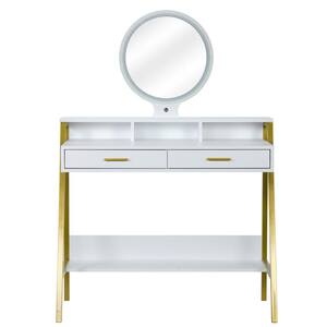 White Round Mirror Vanity Dressing Table With 2 Drawers (55.9 in. H x 37 in. W x 19.6 in. D)