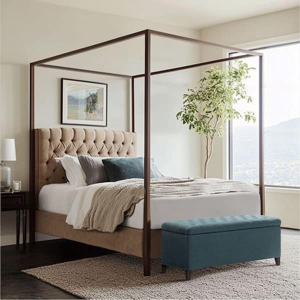 Madison Park Sasha Blue Bedroom Bench with Tufted Top Upholstered Storage 49 in. W