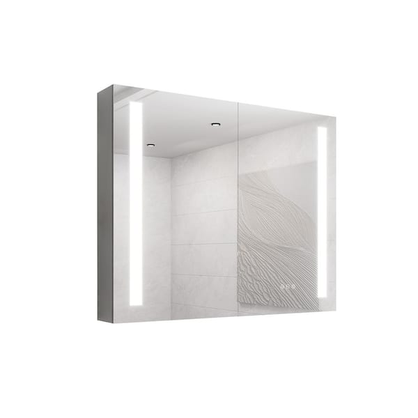 36 in. W x 30 in. H Rectangular LED Silver Recessed or Surface Mount Medicine Cabinet with Mirror, Anti-Fog
