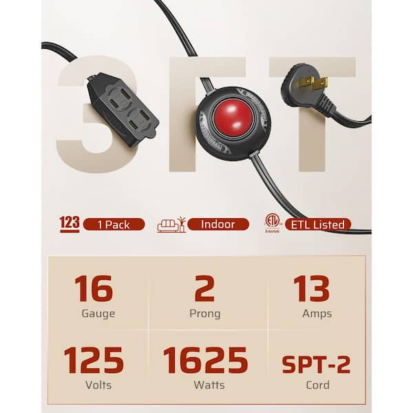 12 ft. 16/2C Indoor Extension Cord with 2-Prong 3 Outlets and ON/Off Foot Switch, Angled Flat Plug, Black