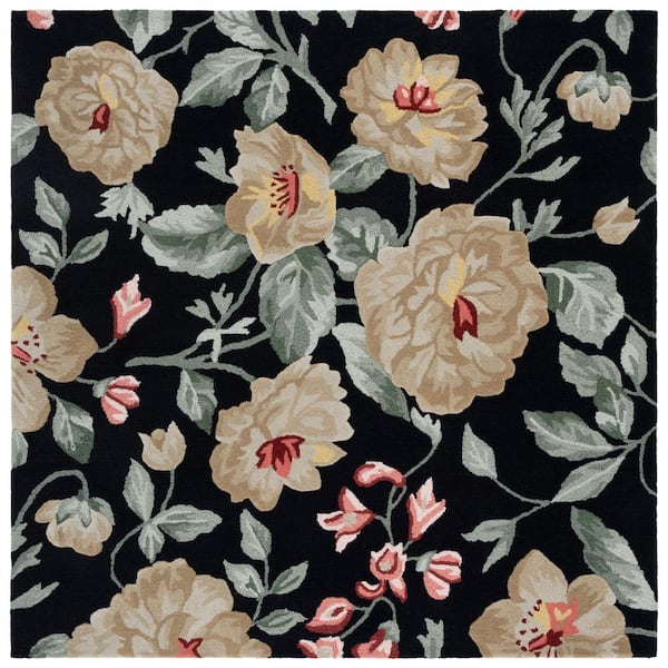 Jardin 6 ft. x 6 ft. Black/Beige Floral Leaves Square Area Rug