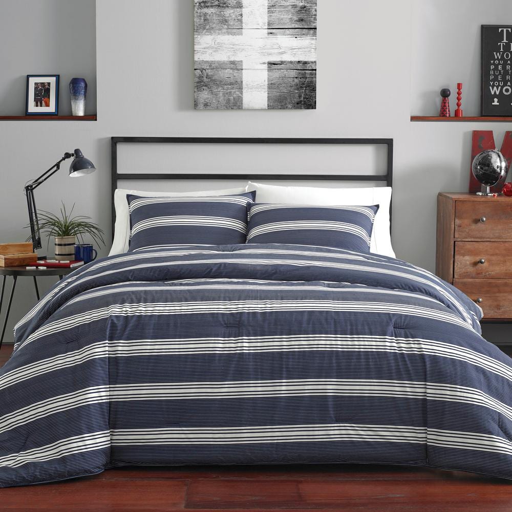 Navy and White Striped Cotton King Duvet Cover Set