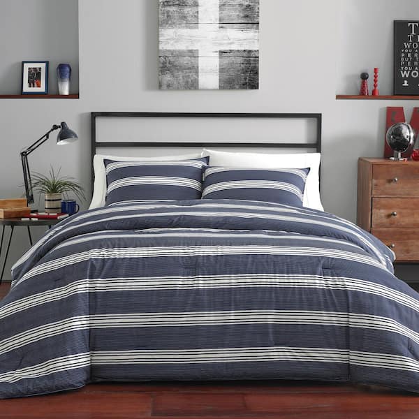 Nautica Craver 3 Piece Navy Blue Striped Cotton Full Queen Comforter Set Ushsa51111822 The Home Depot