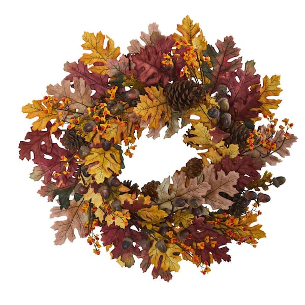 Nearly Natural 24 in. Artificial Oak Leaf, Acorn and Pine Wreath