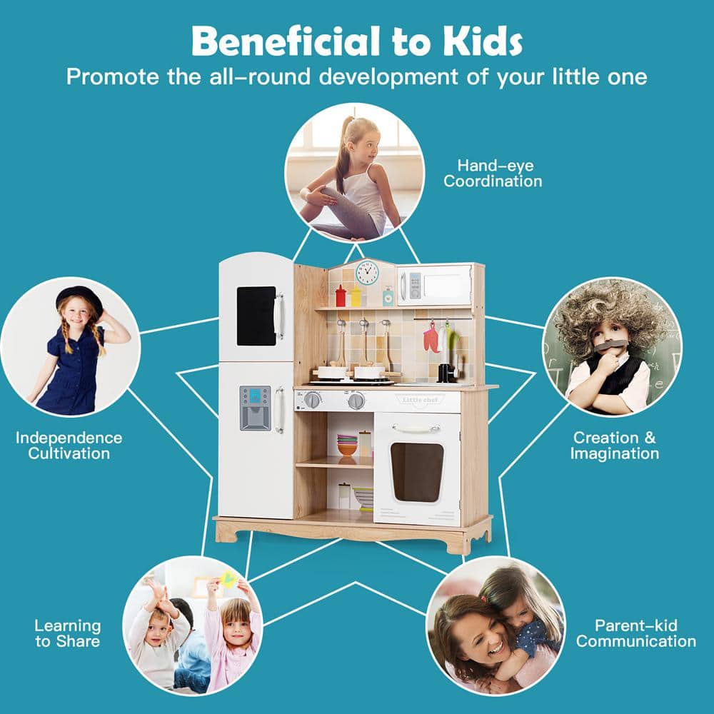 White and Natural Wooden Kids Pretend Kitchen Playset with Utensils and Sound