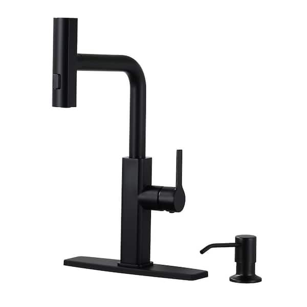 Stainless Steel Single-Handle Pull-Down Sprayer Kitchen Faucet with Soap Dispenser in Matte Black