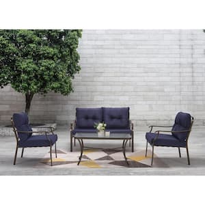 4-Piece Steel Outdoor Patio Conversation Seating Set with Navy Blue Cushions