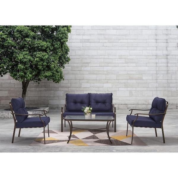 LAUREL CANYON 4-Piece Steel Outdoor Patio Conversation Seating Set with Navy Blue Cushions