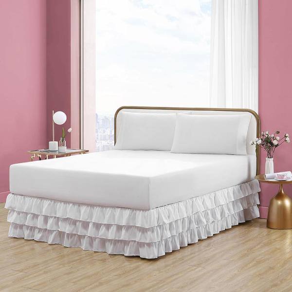 Solid White Full Ruffled Polyester Bed Skirt with 15" Drop