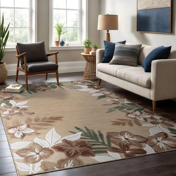 Eden 6 ft. x 9 ft. Beige  Washable Border Floral Indoor Outdoor Area Rug