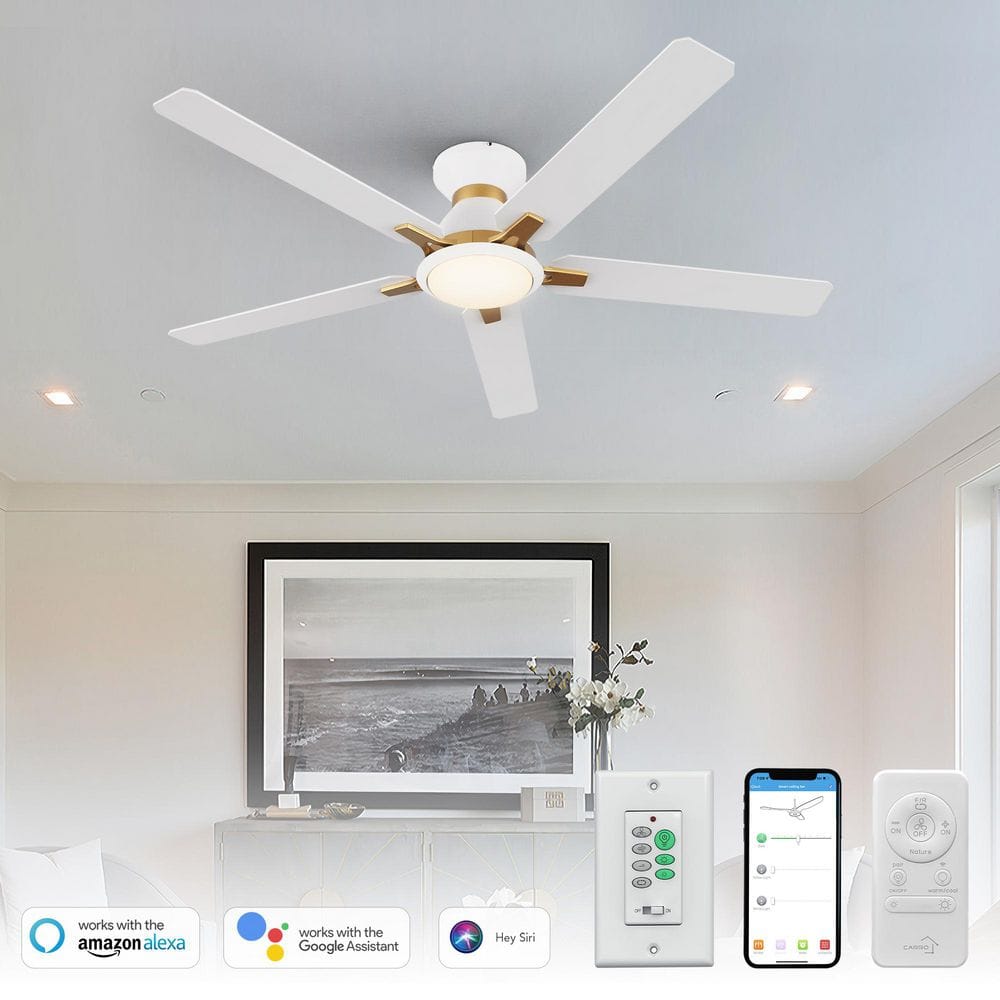 52 in. Smart Indoor/Outdoor White Dimmable LED Standard Ceiling Fan with Remote Control, Wall Control, 10-Speed DC Motor