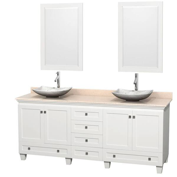 Wyndham Collection Acclaim 80 in. W Double Vanity in White with Marble Vanity Top in Ivory, White Carrara Sinks and 2 Mirrors