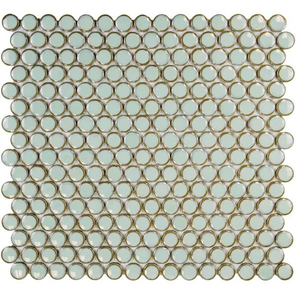 Merola Tile Hudson Penny Round Light Green 12 in. x 12-5/8 in. Porcelain Mosaic Tile (10.7 sq. ft./Case)