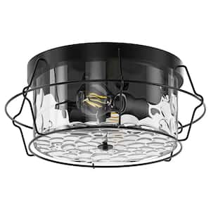 13.8 in. 2-Light Industrial Black Flush Mount Farmhouse Ceiling Light Fixture with Clear Hammered Glass Shade