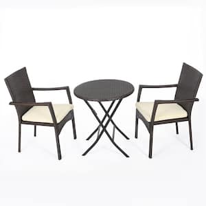 Brown 3-Piece Faux Rattan Wicker Round Outdoor Bistro Set with Beige Cushions for Poolside, Patio, Garden and Deck
