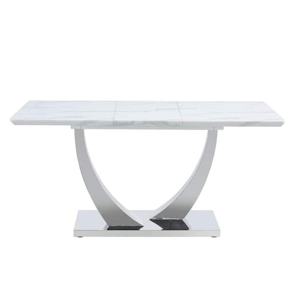 Tenleaf 30 in. H Rectangular Outdoor Dining Table with White Marble Patterned Tabletop,Silver Table Legs